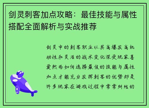 剑灵刺客加点攻略：最佳技能与属性搭配全面解析与实战推荐